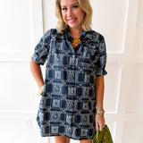 Geo Print Shirt Dress - Navy