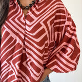 Abstact Print Drop Sleeve Top - Pink-Brown
