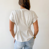 Crew Neck Cap Sleeve Pleated Waist Top