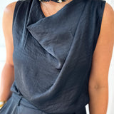 Satin Top & Wide Leg Pants Set- Black