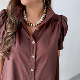 Puff Sleeve Buttoned Mini Dress - Brown