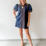 Puff Sleeves Embroidered Dress -Navy