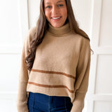 Striped Turtleneck Poncho Sweater- Beige