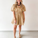 Puff Sleeve Self Tie Mini Dress- Tan