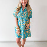 Short Sleeved Printed Dress - Teal