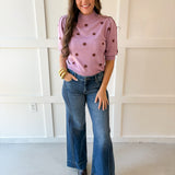 Polka Dot Puff Sleeve Knit Top- Pink