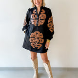 Embroidered Faux Leather Dress - Black