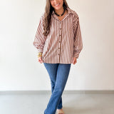 Long Sleeved Striped Shirt -Pink-Brown