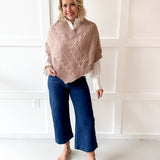 V Neck Cable Knit Poncho- Camel