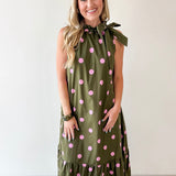 Polka Dot Midi Dress with Ruffled Neck Tie - Olive