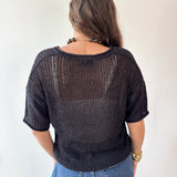 Split Neck Sheer Knit Top - Black