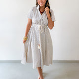 Roped Belted Striped Midi Dress - Navy/Tan