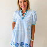 Embroidery Shell Gingham Shift Dress