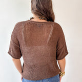 Split Neck  Sheer Crochet Knit Top - Brown
