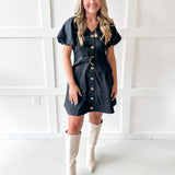 Accent Button With Belt Dress - Black
