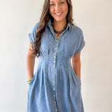 Waist Defining Pleat Dress - Denim