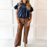 Knit Yoke Denim Bubble Top - Denim