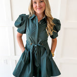 Puff Sleeve Waist Tie Dress - Green