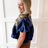Knit Yoke Denim Bubble Top - Denim
