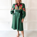 Floral Waist Tie Midi Dress - Green