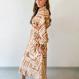Abstract Print Belted Mini Dress - Tan