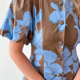Floral Puff Sleeve Mini Dress - Blue Mocha