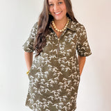 Equestrian Print Shift Dress - Olive