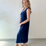 Linen Button Shirt Dress - Navy