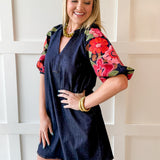Embroidered Sleeve Denim Dress