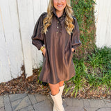 Silky High Neck Long Sleeved Dress - Espresso