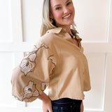 Lapel Embroidered Puff Sleeve Top-Taupe