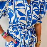 Geo Print Ruffle Neck Shirt Dress