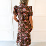 Floral Print Pleated Shirt Dress - Brown
