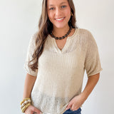 Split Neck  Sheer Crochet Knit Top -Khaki