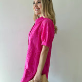 Eyelet Button Down Puff Sleeve Dress