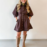 Contrast Stitch Shirt Dress - Brown