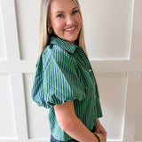 Oversized Puff Sleeve Stripe Top- Navy-Green