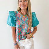 Ruffled Embroiderd Top - Aqua