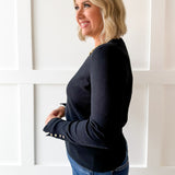 Solid round neck long sleeve top - Black