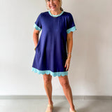 Scallop Edge Accent Solid Dress - Navy