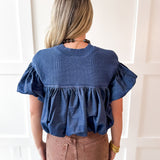 Knit Yoke Denim Bubble Top - Denim