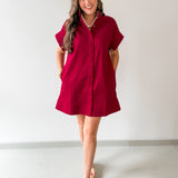 Mini Dress with Hidden Button Placket- Merlot