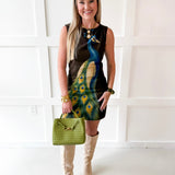 Abstract Peacock Print Boat Neck Mini Dress