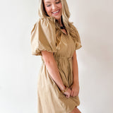 Puff Sleeve Self Tie Mini Dress- Tan