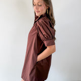 Puff Sleeve Buttoned Mini Dress - Brown