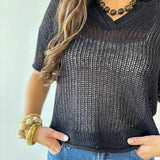 Split Neck Sheer Knit Top - Black