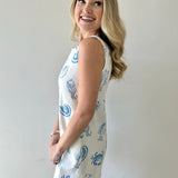 White Denim Dress with Blue Shells