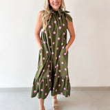 Polka Dot Midi Dress with Ruffled Neck Tie - Olive