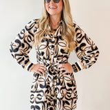 Waist Tie Geo Print Mini Dress - Black