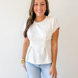 Crew Neck Cap Sleeve Pleated Waist Top